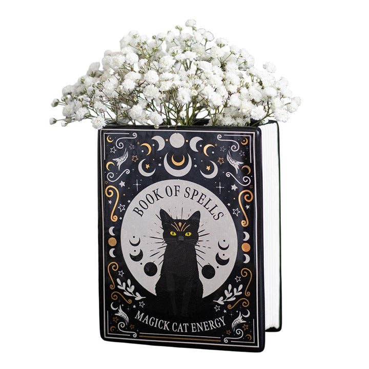 Schwarze buchförmige Blumenvase " Book of Spells - Magick Cat Energy"