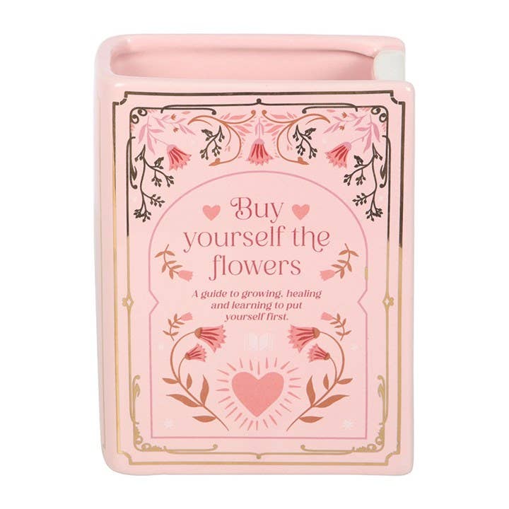 Rosa buchförmige Vase "Buy yourself the Flowers"