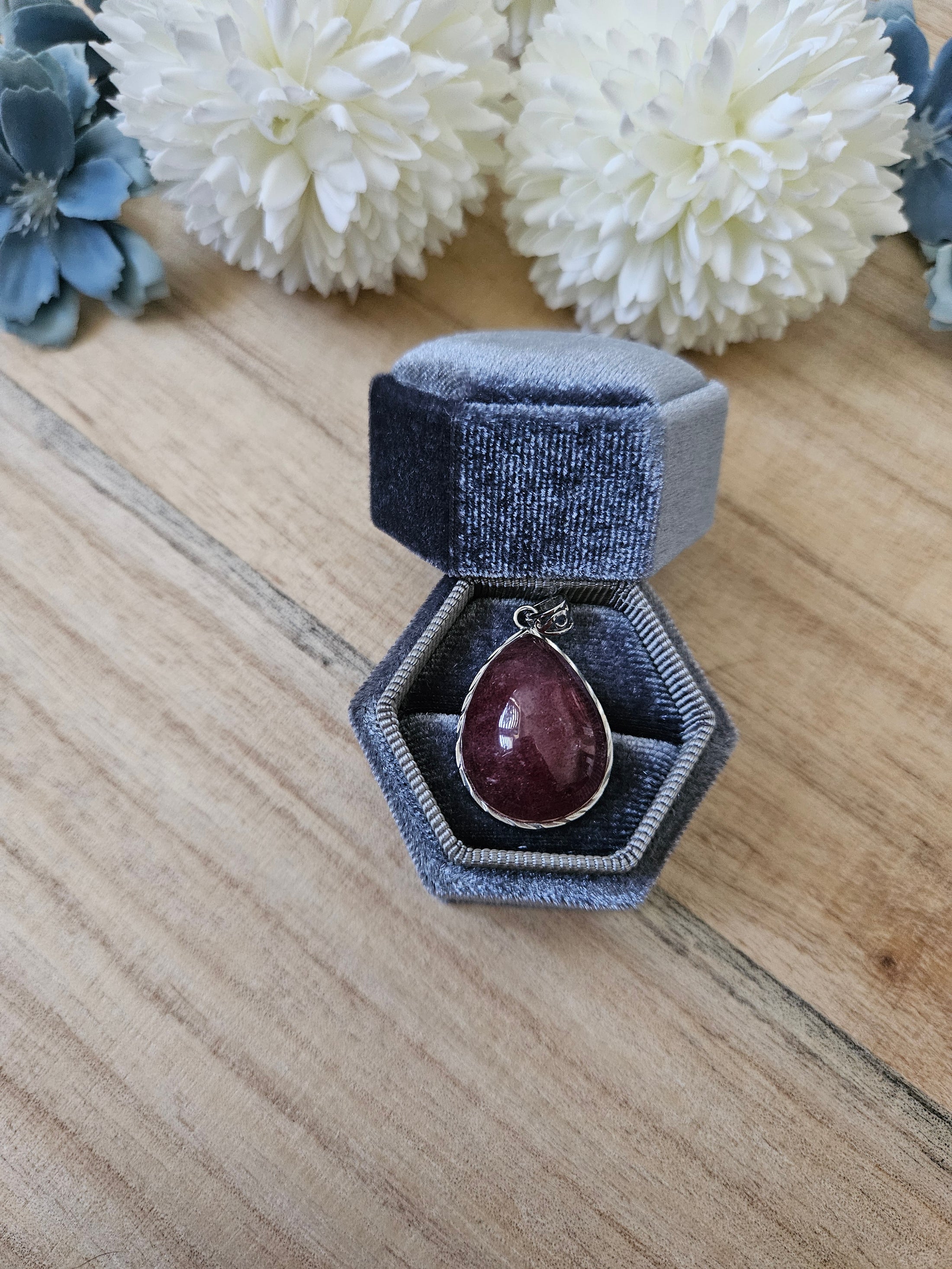 925 Silber Erdbeerquarz Kettenanhänger (28b)