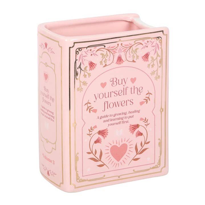 Rosa buchförmige Vase "Buy yourself the Flowers"