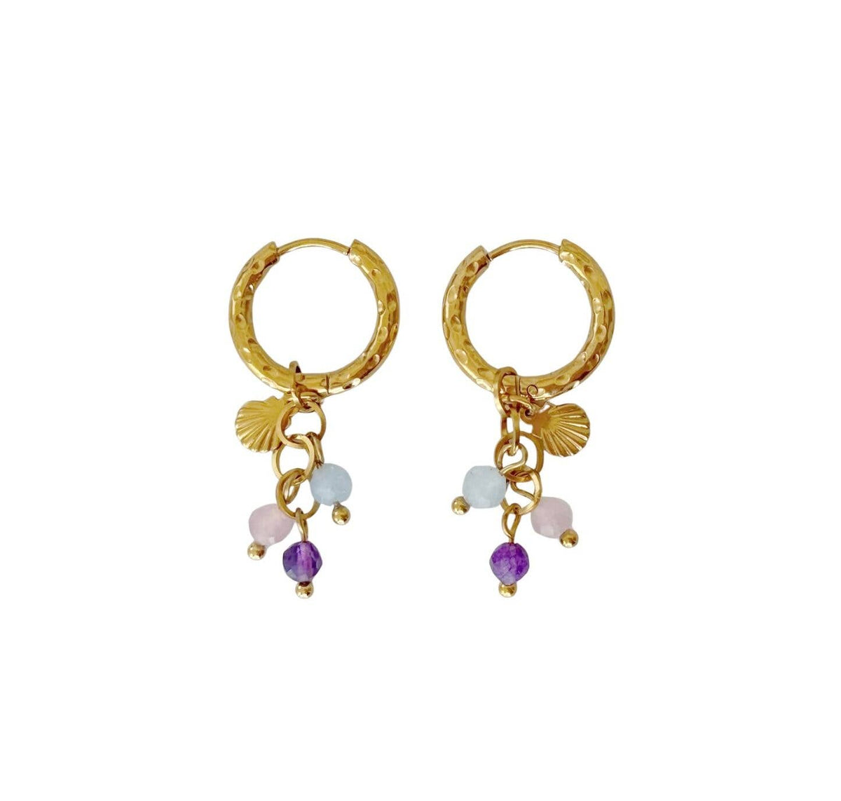 Muschel-, Rosenquarz-, Amethyst- und Aquamarin-Ohrringe – Gold