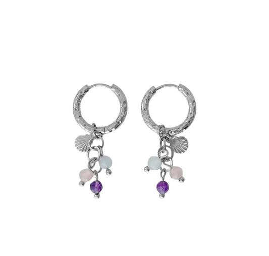 Muschel Rosenquarz Amethyst & Aquamarin Ohrringe - Silber