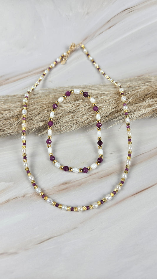 Rubin & Muschelperlen Set in Gold (39tmu)