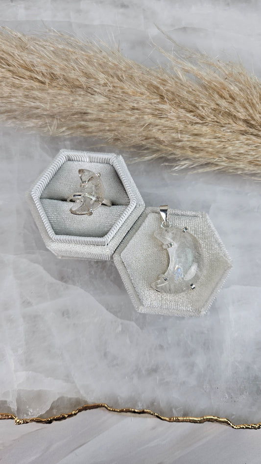 Bergkristall Mond Set aus Ring & Kettenanhänger in Silber (58rk)
