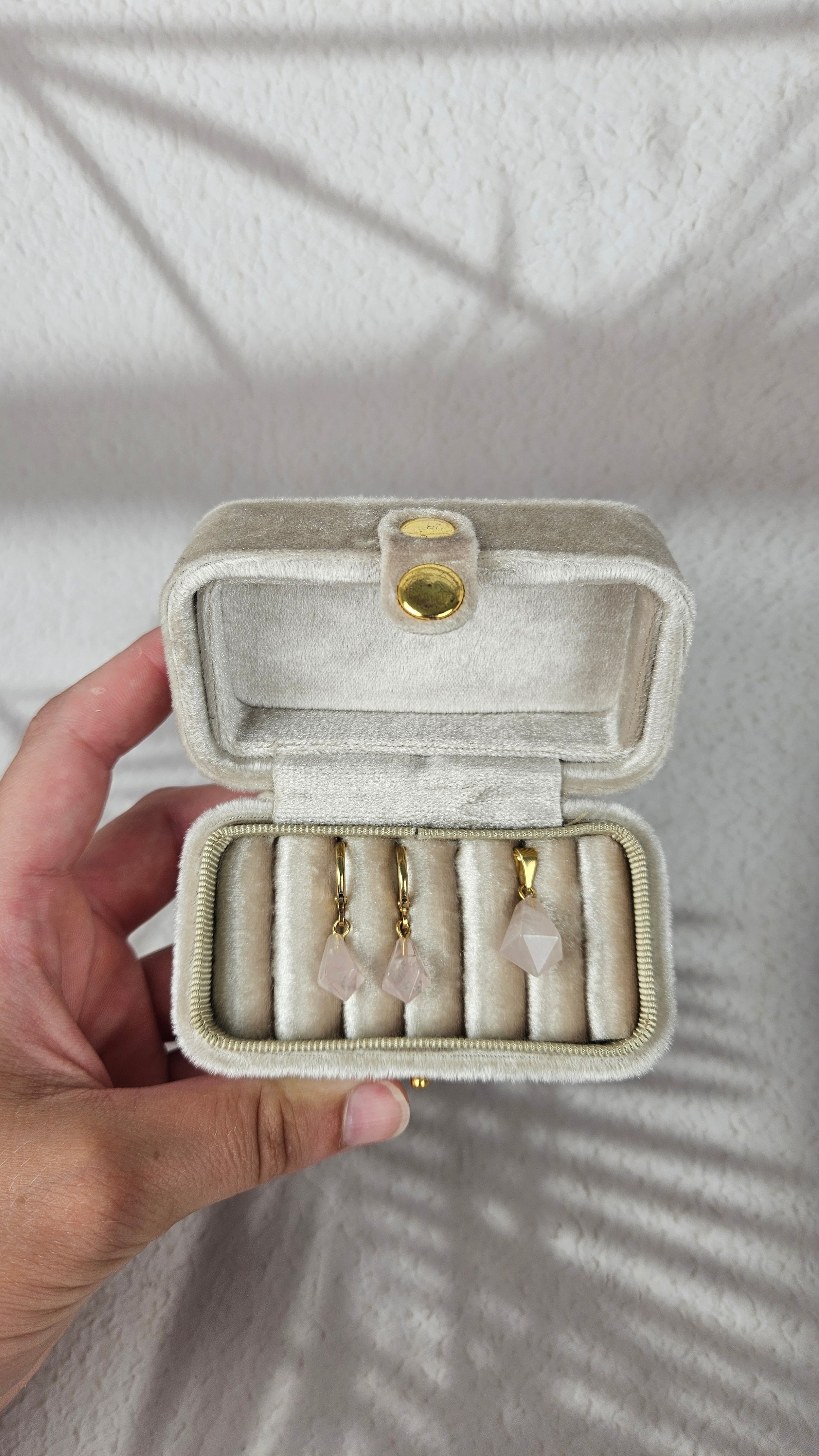 Diamant Creolen und Anhänger Set in Rosenquarz und Gold (32rg)
