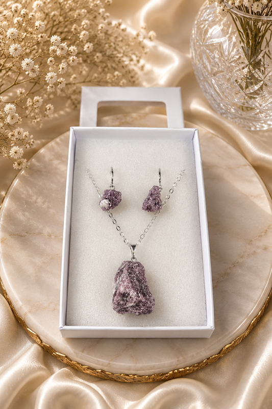 Lepidolith Ketten und Creolen Set (39lit)