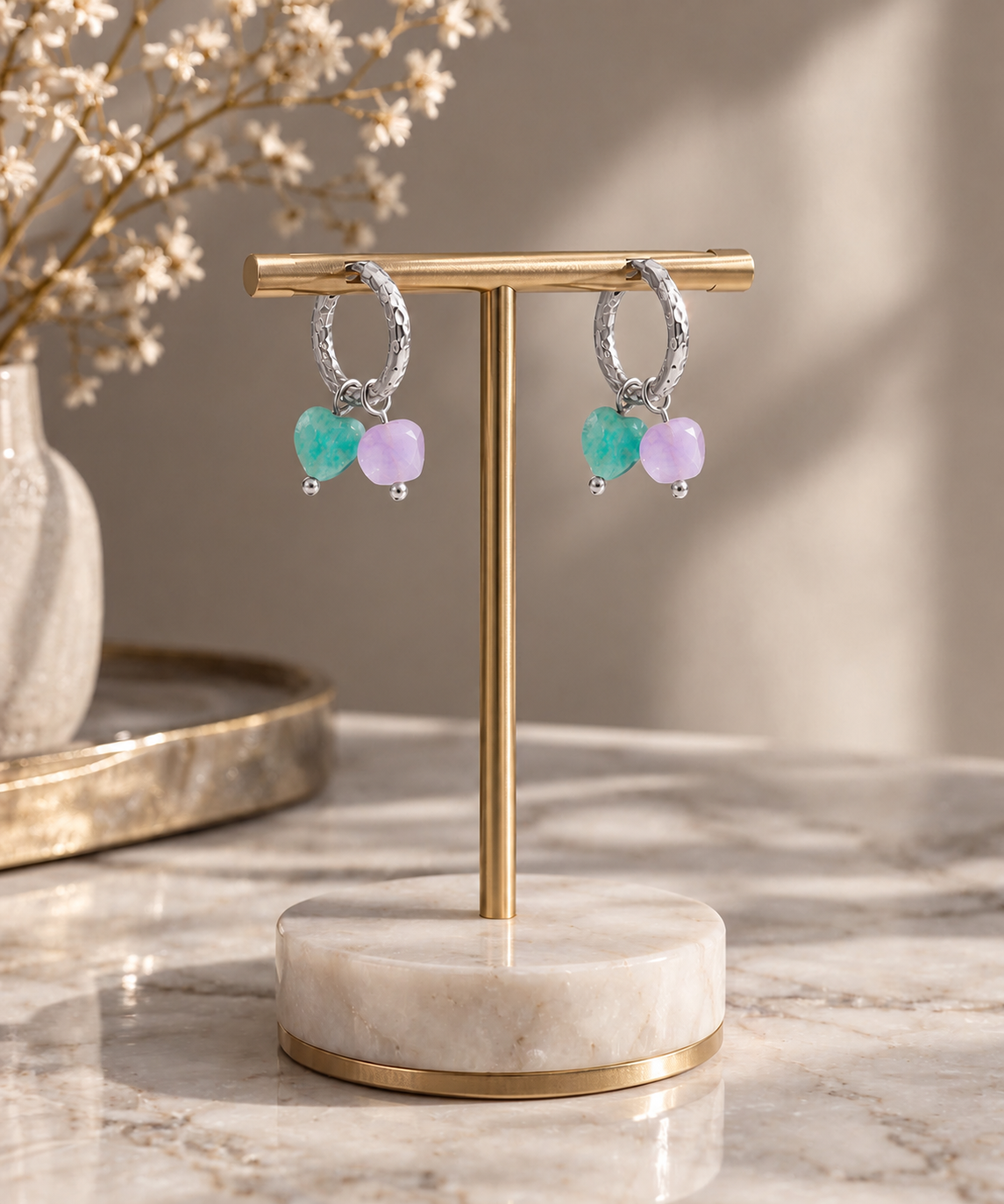 Ohrringe Amazonit-Herz & Lavendel-Jade – Silber