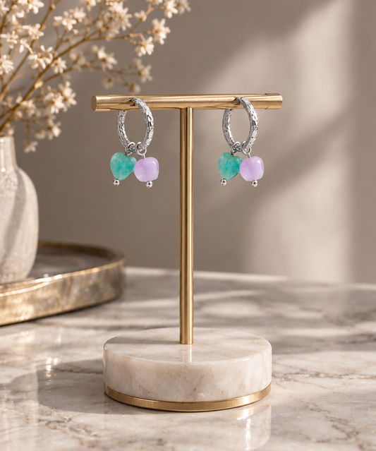 Ohrringe Amazonit-Herz & Lavendel-Jade – Silber