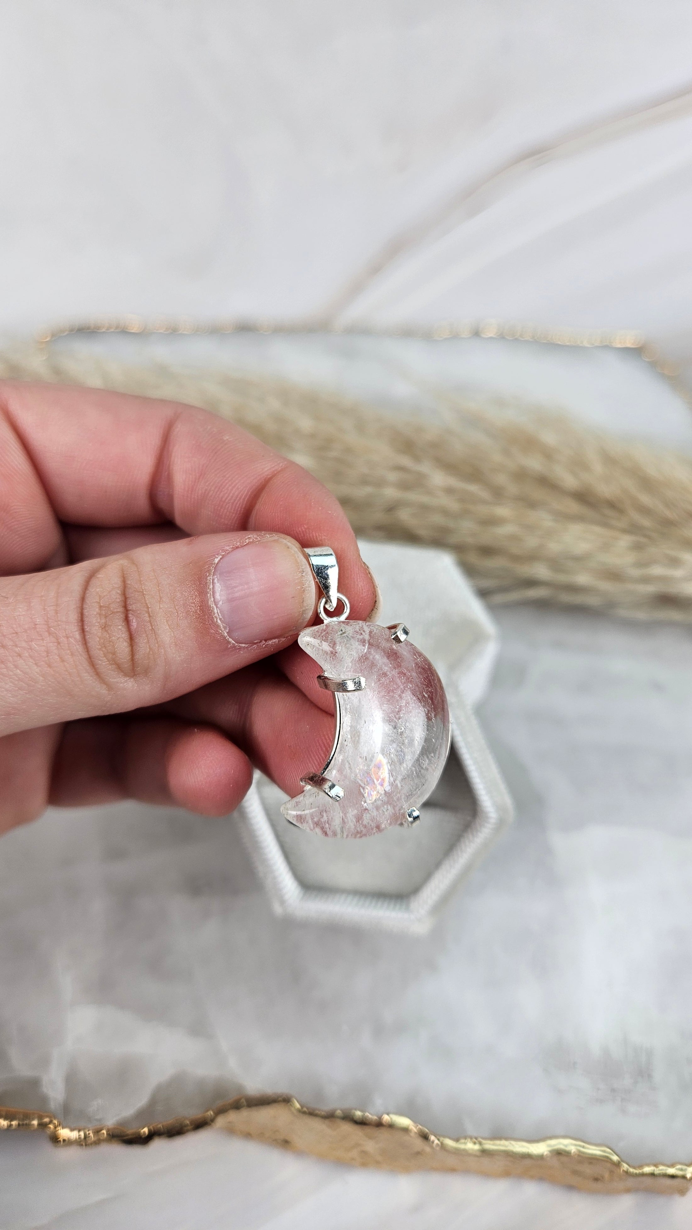Bergkristall Mond Set aus Ring & Kettenanhänger in Silber (58rk)