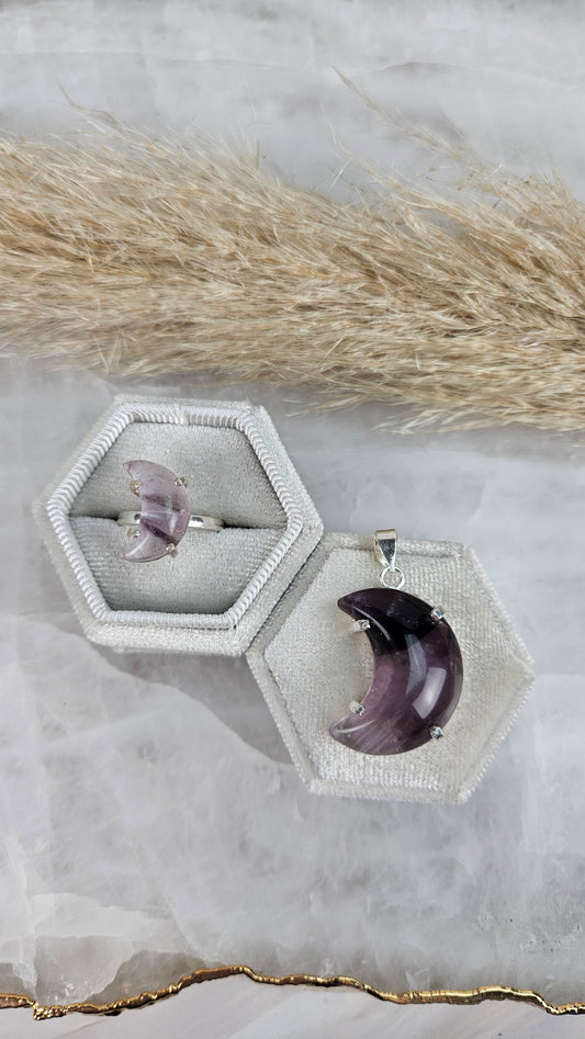 Amethyst Mond Set aus Ring & Kettenanhänger in Silber (58cf)
