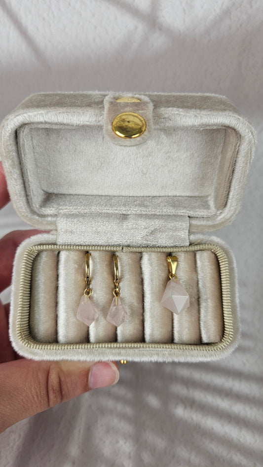 Diamant Creolen und Anhänger Set in Rosenquarz und Gold (32rg)