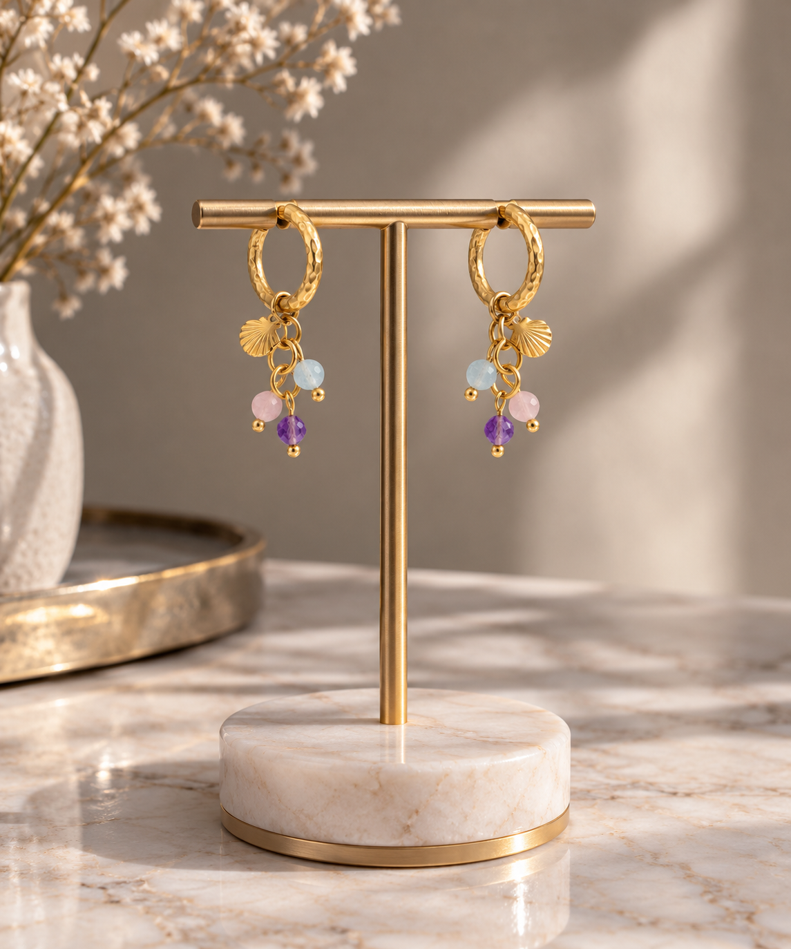 Muschel-, Rosenquarz-, Amethyst- und Aquamarin-Ohrringe – Gold
