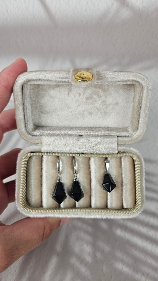 Diamant Creolen und Anhänger Set in Obsidian und Silber (32obb)