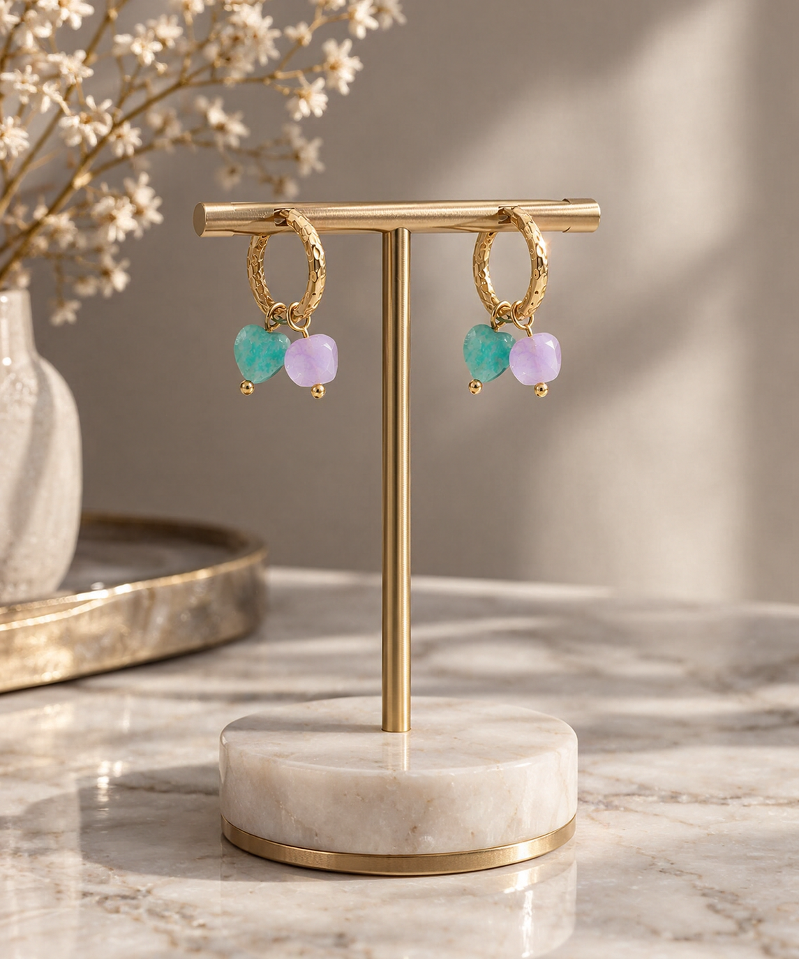 Ohrringe Amazonit-Herz & Lavendel-Jade – Gold