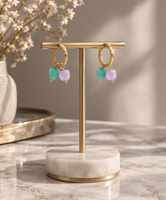 Ohrringe Amazonit-Herz & Lavendel-Jade – Gold