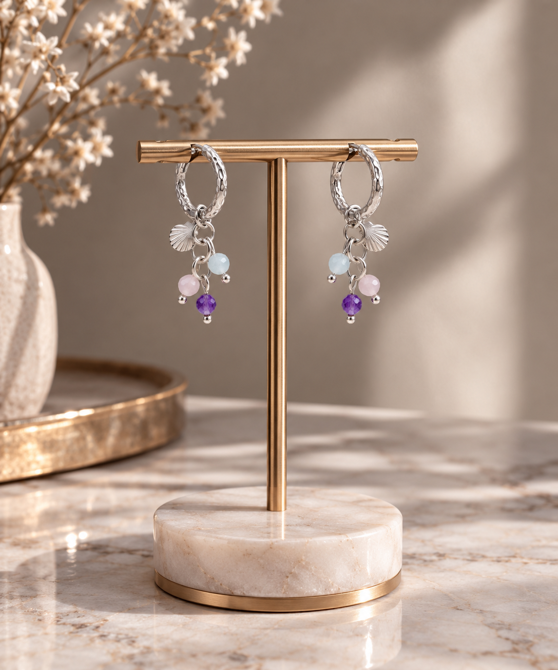 Muschel Rosenquarz Amethyst & Aquamarin Ohrringe - Silber