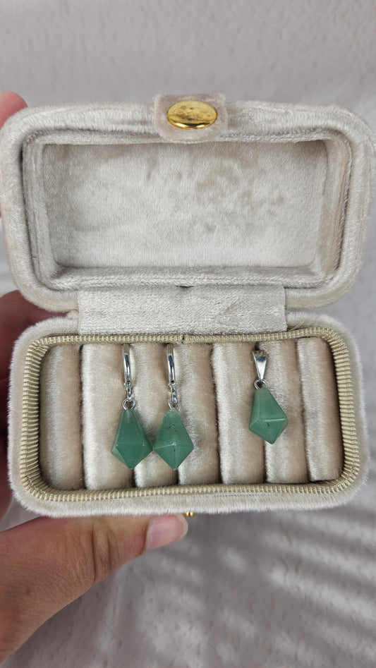 Diamant Creolen und Anhänger Set in Aventurin und Silber (32avv)