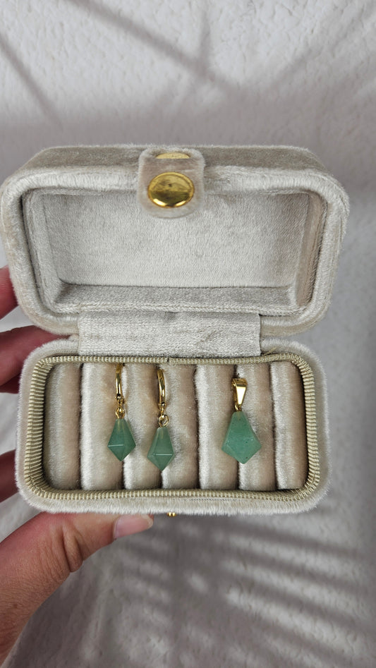 Diamant Creolen und Anhänger Set in Aventurin und Gold (32ag)